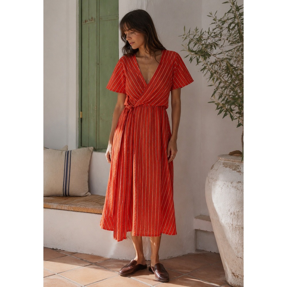 Ace & Jig Mila Dress Red Striped Woven Cotton Wrap Midi XS